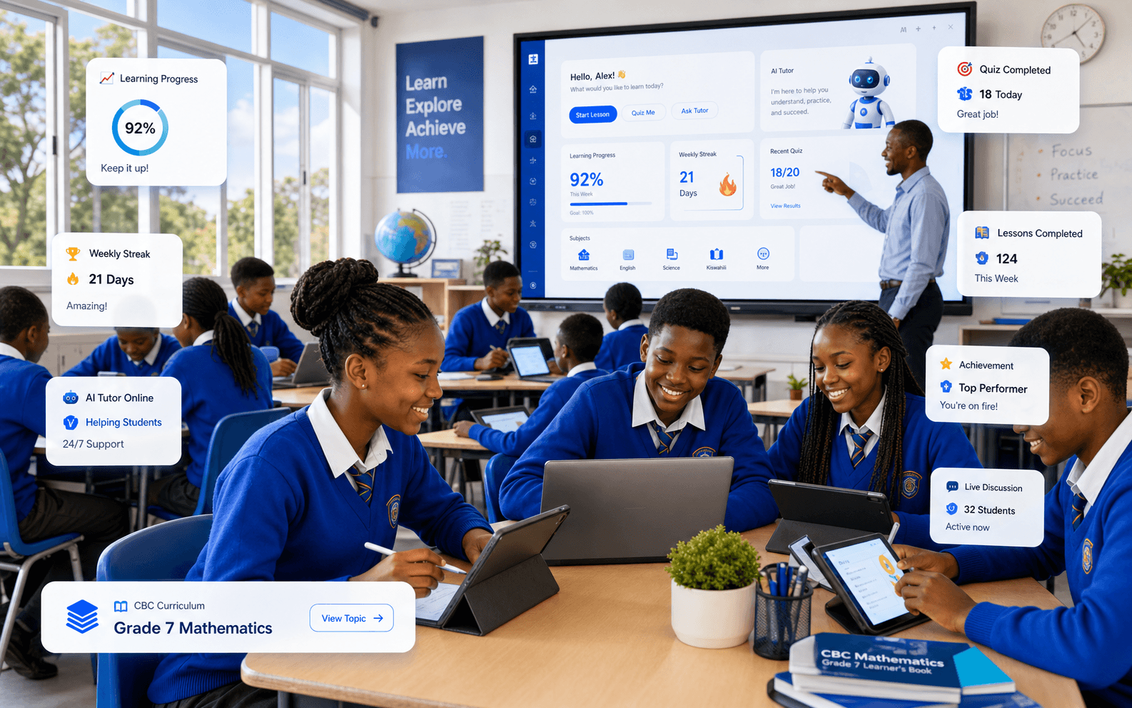 Students and a teacher using SomaHub in a modern classroom